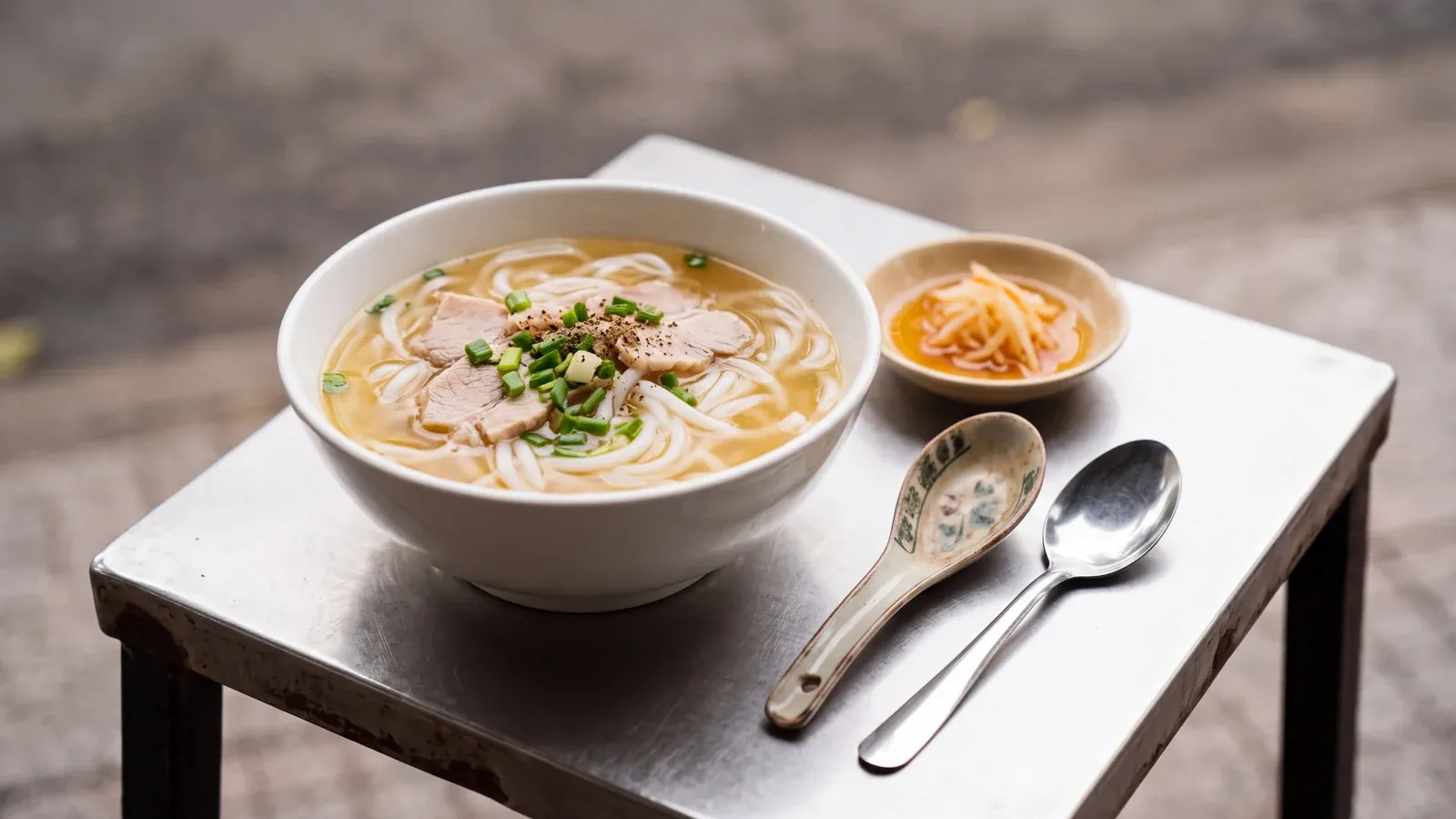 Tô bánh canh thịt heo bên chén nước chấm và hai chiếc muỗng cũ, mới.