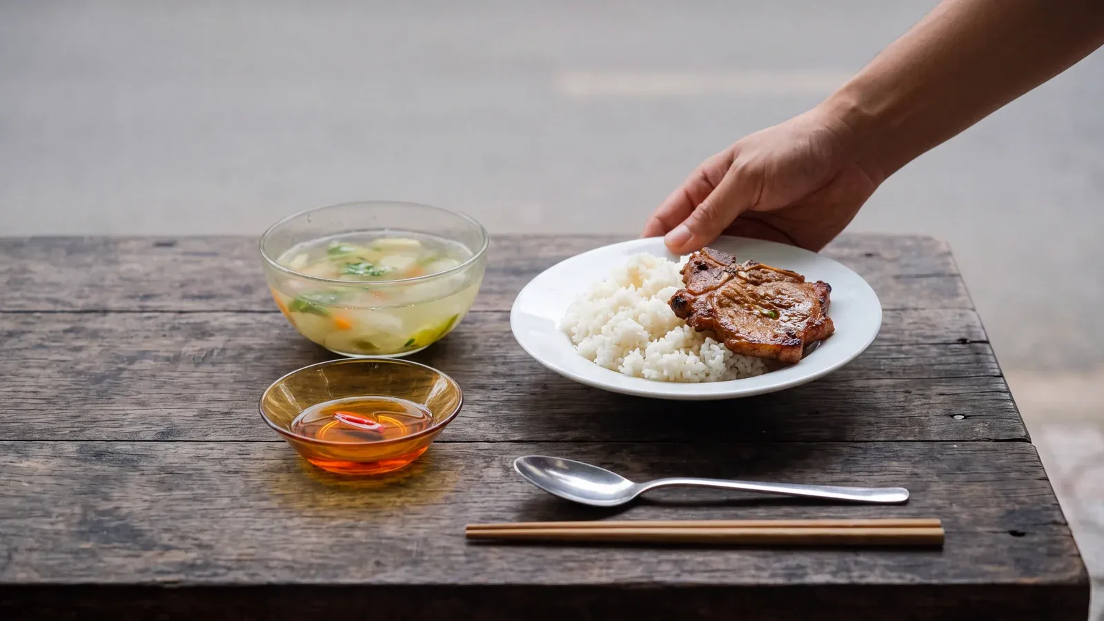Bàn tay đặt đĩa cơm sườn xuống bàn đã chuẩn bị sẵn canh, nước mắm và muỗng đũa.