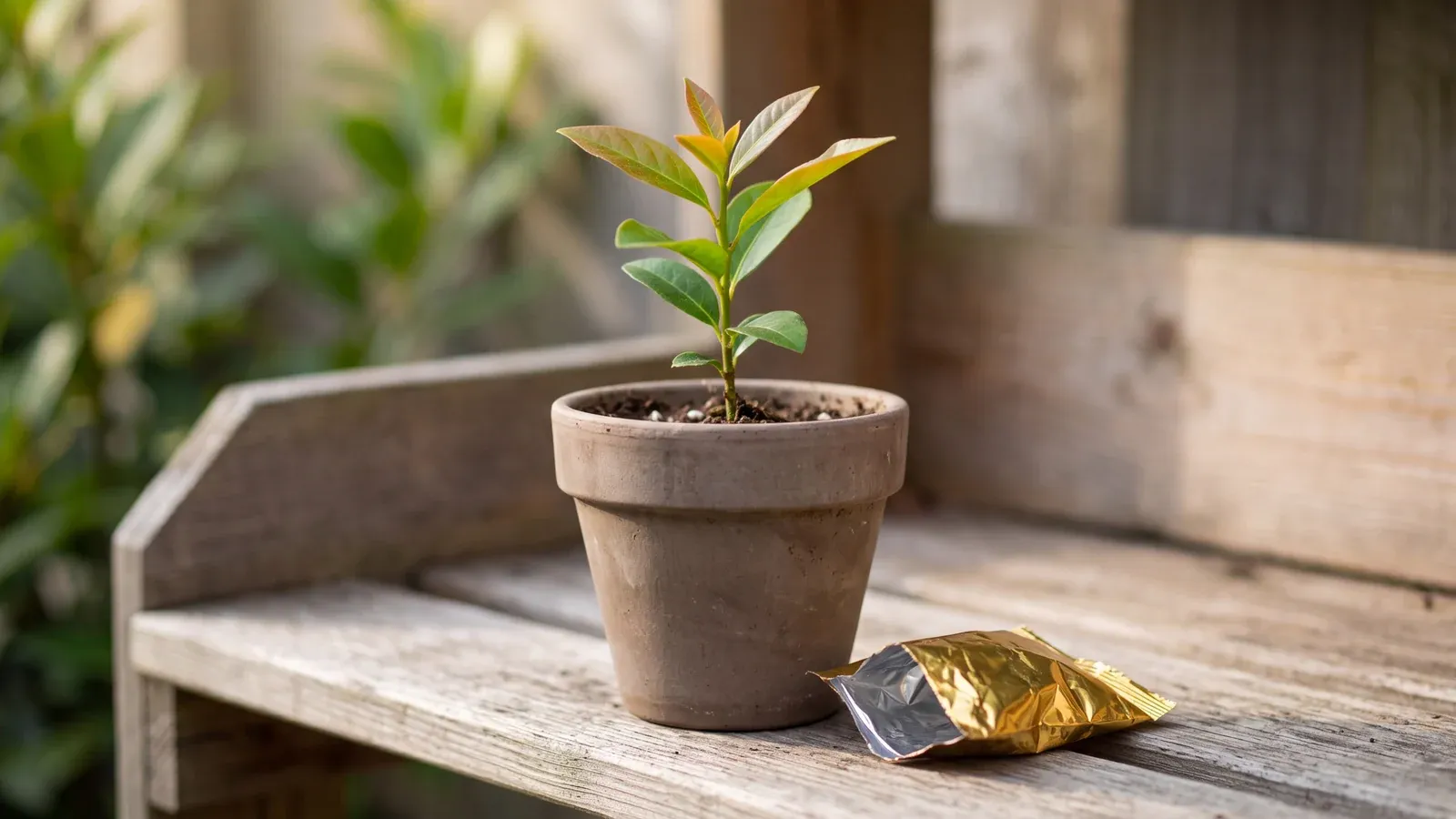 Cây non trong chậu đất bên một mảnh bao bì ánh vàng rỗng.
